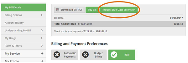 Image of Request Due Date Extension button on My Bill Details screen