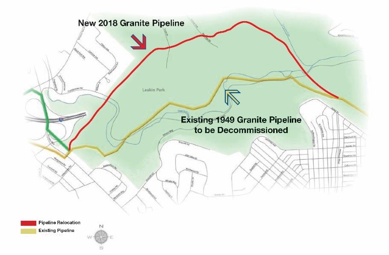 Map of Leakin Park showing location of current Granite Pipeline and location of new Granite Pipeline